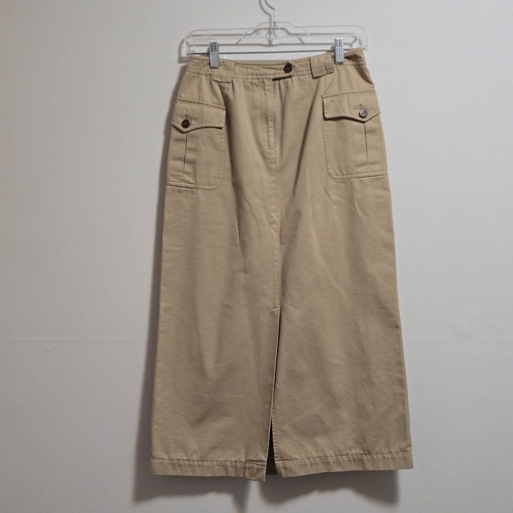 Vintage Liz Clairbone Sport 100% Cotton Khaki Midi Cargo Skirt